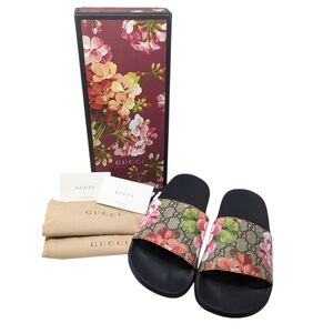 Gucci GG Web Supreme Monogram Pink Bloom Floral Slide Sandals Size EU 41
